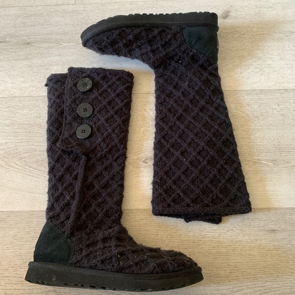 UGG Women's Lattice Cardy Black Knit Sweater Boots spring winter soft comfy